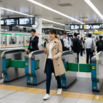 改札を通る人の画像
