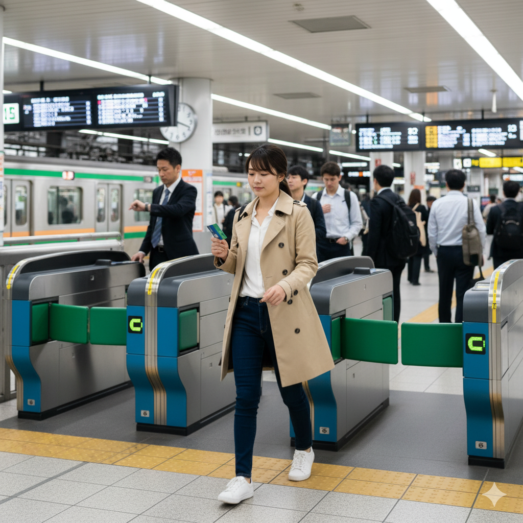 改札を通る人の画像